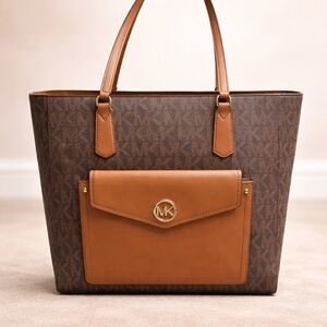 Michael Kors Brown and Tan Monogram Tote with Front Pocket
